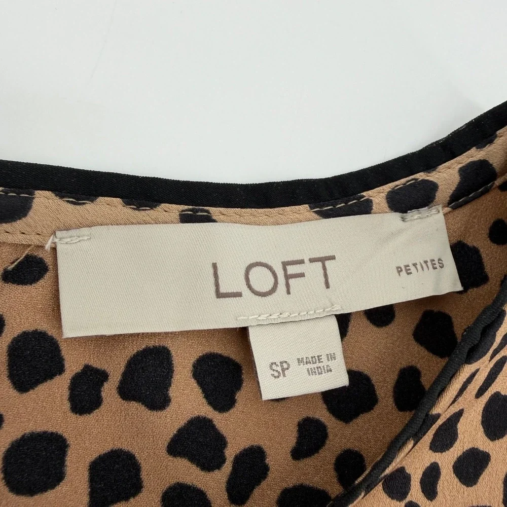 LOFT‎ Womens Small Petite SP Tan Leopard Print Blouse Short Sleeve Puff Shoulder